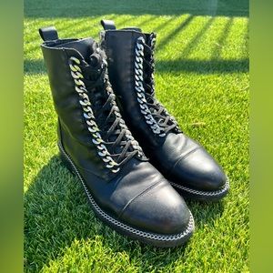 Wishbone Collection lace up booties with side zipper. black leather and silver